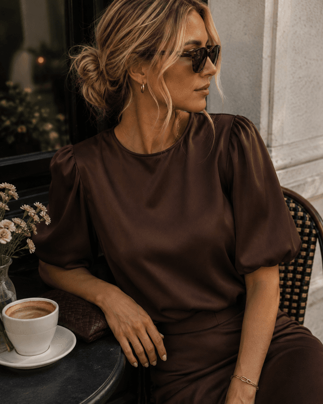 Vila Viellette Satin Puff Top Brun