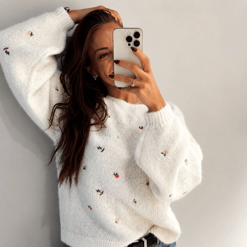 Vila Vmmarley Strikkegenser Offwhite Broderte Blomster
